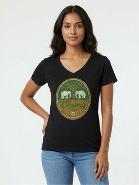 Chang Beer Black Elephant Graphic T-Shirt Retro Logo Short Sleeve Large Tee